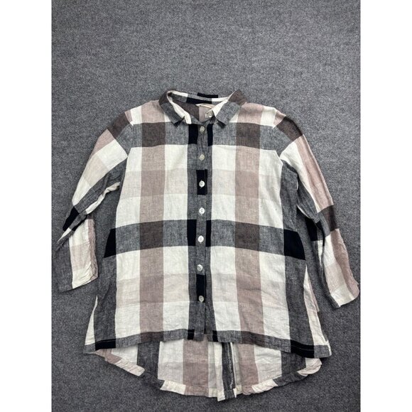 Soft Surroundings Tops - Soft Surroundings Linen Top Women's M Beige Black Check Button Up Zipper Back